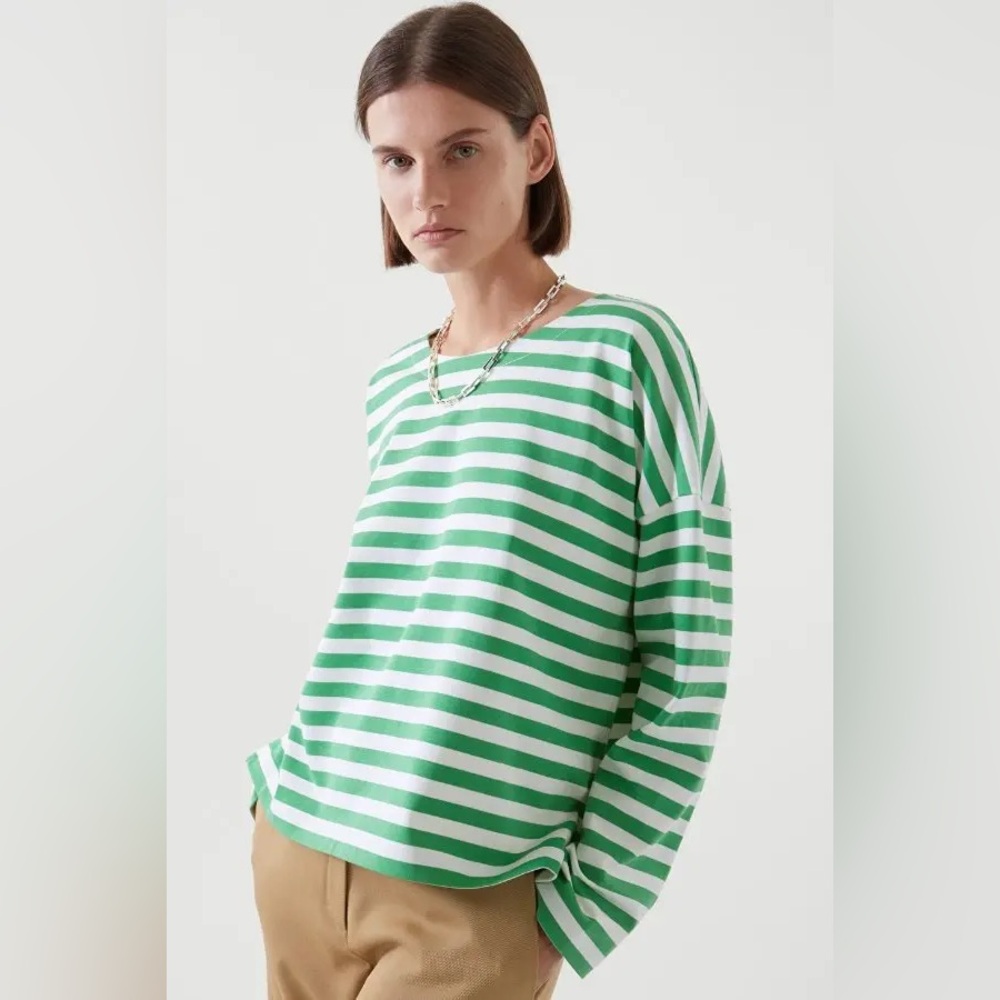 COS Boxy Green and White Striped Long Sleeve Top